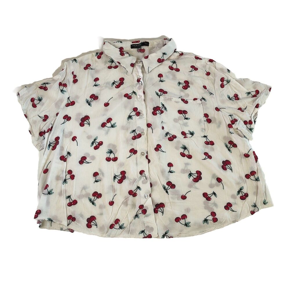 SHEIN Curve Cherry Print Button Down Short Sleeve Crop Shirt Top 1XL